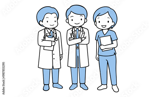 Blue colored illustration of medical team including doctors and nurse