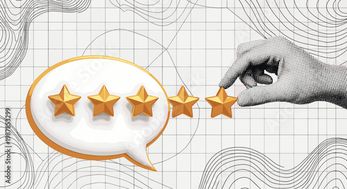 Human hand placing fifth gold star in a speech bubble for premium customer feedback rating and business testimonial vector illustration