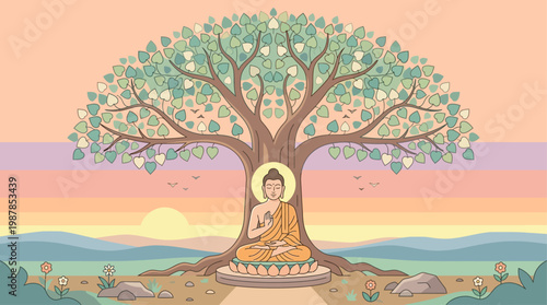 Minimalist flat vector illustration of Buddha meditating peacefully under the Bodhi tree, perfect for Vesak Day themes and spiritual content.