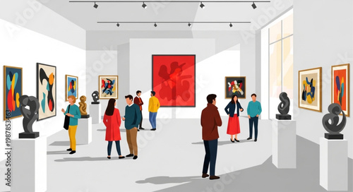 Art gallery exhibition with diverse visitors viewing paintings and sculptures.