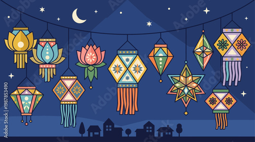 Bright and festive flat illustration of traditional Vesak lanterns, symbolizing light and enlightenment in Buddhist celebrations.