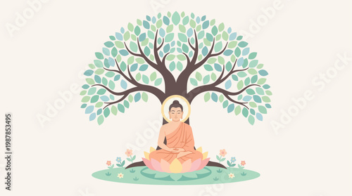 Minimalist flat vector illustration of Buddha meditating peacefully under the Bodhi tree, perfect for Vesak Day themes and spiritual content.