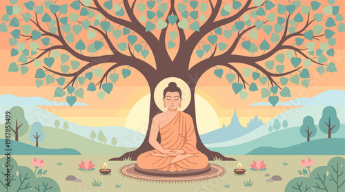 Minimalist flat vector illustration of Buddha meditating peacefully under the Bodhi tree, perfect for Vesak Day themes and spiritual content.