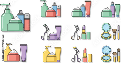 
Beauty and Cosmetics Product Icon Set with Skincare, Makeup, Lipstick, Brush, and Cream for Fashion and Beauty Designs