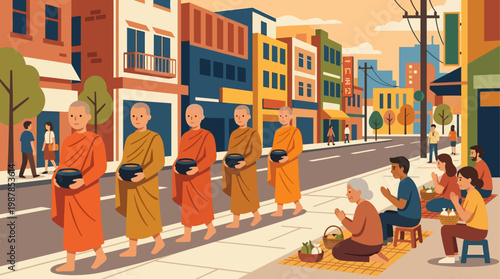 Simple flat illustration of Buddhist monks walking for alms giving, representing humility and tradition during Vesak Day.