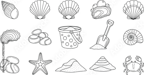 Beach and Seashell Outline Icon Set with Starfish, Sand, Bucket, Shovel, and Crab for Summer and Ocean Designs