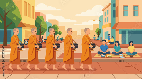 Simple flat illustration of Buddhist monks walking for alms giving, representing humility and tradition during Vesak Day.