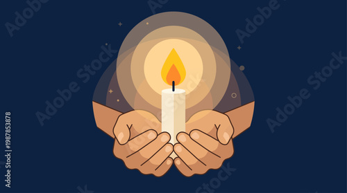 Flat illustration of hands holding a candle, representing hope, peace, and enlightenment during Vesak Day.