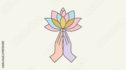 Simple flat vector illustration of praying hands with a lotus, expressing devotion and spirituality in Vesak Day.