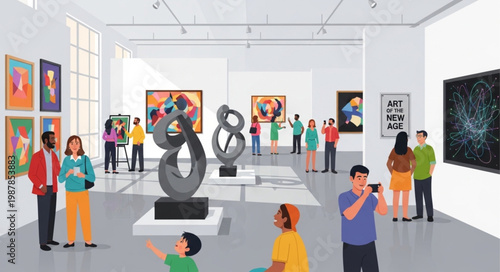 Art Gallery Exhibition with Sculptures and Paintings.