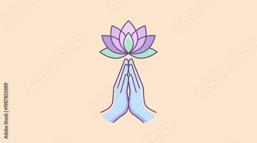 Simple flat vector illustration of praying hands with a lotus, expressing devotion and spirituality in Vesak Day.