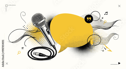 Creative podcast background with professional microphone and yellow speech bubble for interviews or broadcasting with musical notes and abstract shapes vector illustration