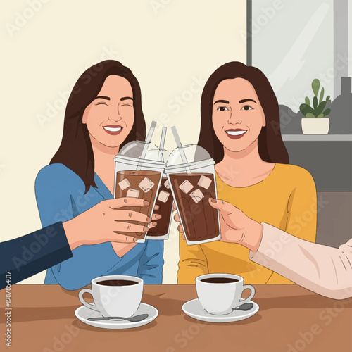 Vector illustration of two smiling women and friends clinking plastic cups of iced coffee while sitting at a table with hot espresso cups and saucers in a cafe.