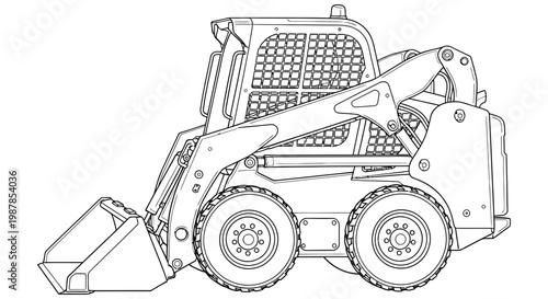 Detailed line art drawing of a compact skid-steer loader machine