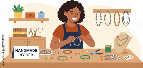 A woman crafts colorful jewelry at a cluttered workshop table indoors.