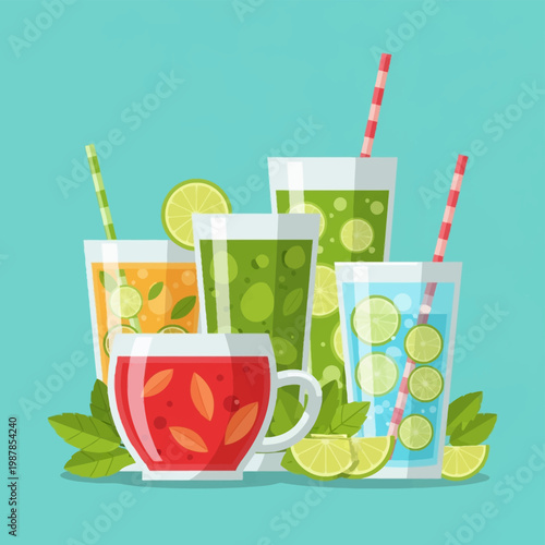Flat vector illustration of assorted healthy drinks including green smoothies, lime-infused water with ice, orange juice, and red herbal tea cup with mint leaves and straws.