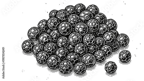 Small pile of textured black peppercorns drawn in detailed ink style