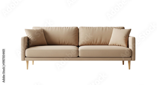 Modern Beige Fabric Sofa Couch Isolated on Transparent Background
