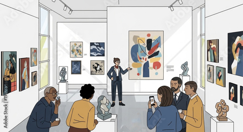 Art gallery exhibition with visitors and guide.