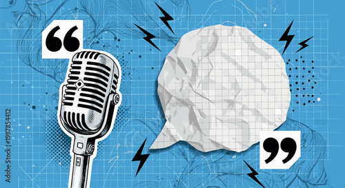 Professional Podcast and Journalism Concept with Vintage Microphone Speech Bubble Quotation Marks and Lightning Bolts on Blue Blueprint Background Vector Illustration