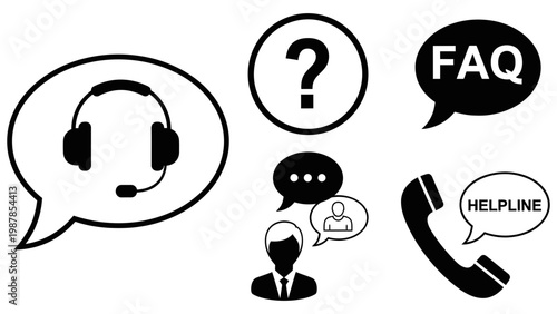 Black and white icons representing customer support and help services