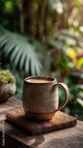 Coffee cup ceramic mug on wooden coaster with beverage steam, tropical plant garden sunlight still life on rustic table, outdoor bokeh morning light