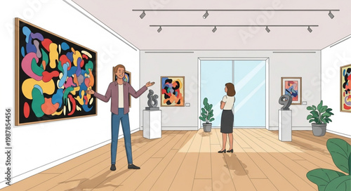 Art gallery exhibition with visitors viewing colorful abstract paintings and sculptures.