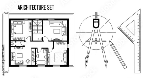 Architectural floor plan design with professional drafting tools and ruler equipment