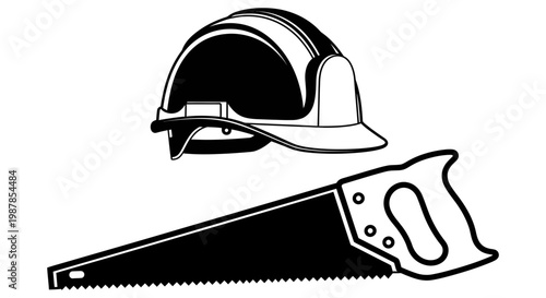 Black and white illustration of a construction helmet and saw