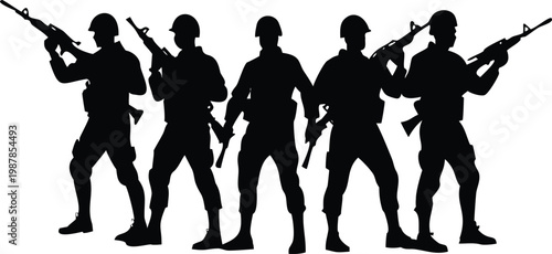 Five soldiers silhouette with rifles standing ready for combat on transparent background.