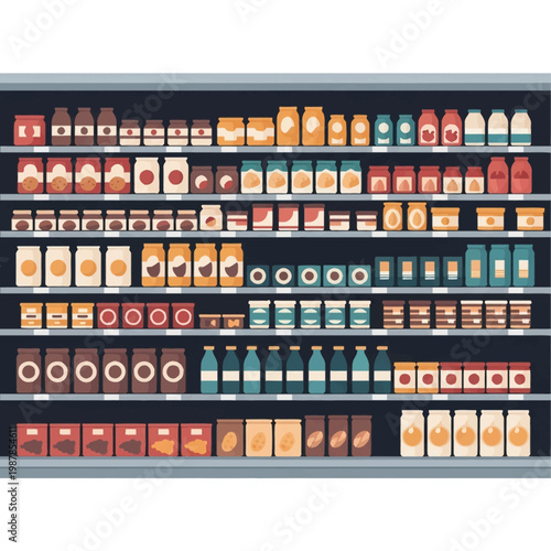 Flat vector illustration of modern supermarket shelves filled with various organized grocery products including glass jars, bottles, and canned food items on retail display.