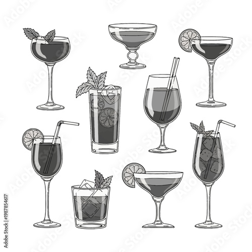 Monochrome vector style illustration of various cocktails including mojito, martini, and margarita garnished with lime, mint, and ice cubes set against a plain white background.