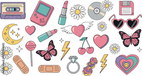 Collection of Y2K aesthetic icons with retro cassette game console butterflies hearts and trendy girly doodle elements in pastel colors vector illustration