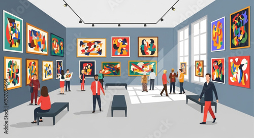 Art Gallery Exhibition with Visitors Viewing Paintings.