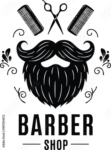 Mustache and beard set on white background. Vintage beard and mustache silhouette. Barber shop cartoon black beard label. Hipster style barber shop beard 
