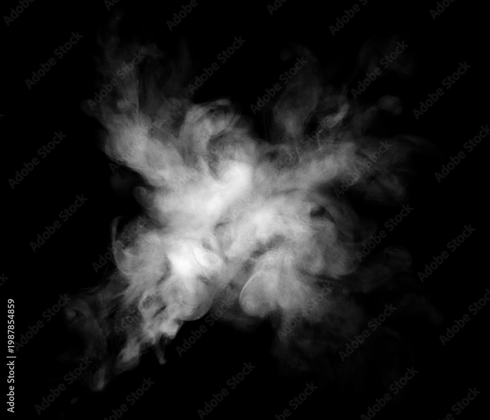 Naklejka premium White smoke cloud isolated on black background, abstract vapor burst with soft fog and mist texture, dynamic diffusion effect, ideal for cinematic background, overlay, and creative visual design.