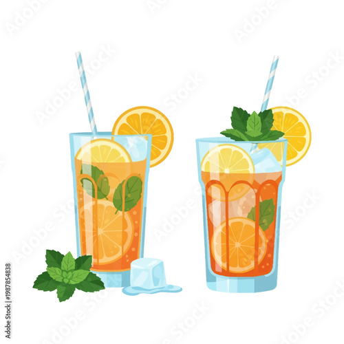 Two glasses of refreshing citrus cocktails with orange and lemon slices, fresh mint leaves, ice cubes, and blue striped straws, flat vector illustration on white background.