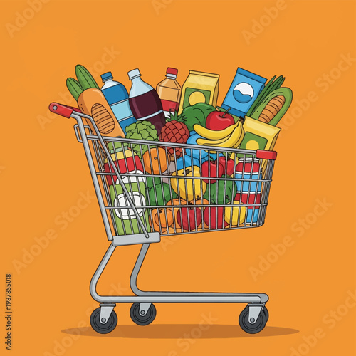 Vector illustration of a metal wire shopping cart filled with fresh groceries including carrots, bananas, apples, pineapples, bottled drinks, and packaged goods on orange.