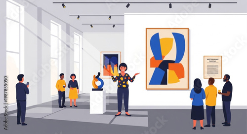 Art Gallery Exhibition with Visitors Viewing Paintings and Sculptures.