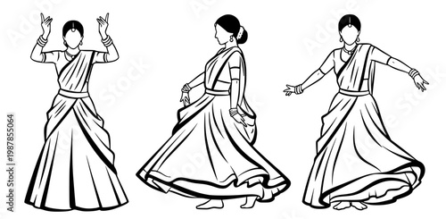 Traditional Indian dancers in distinct poses showcasing classical dance forms in monochrome illustrations