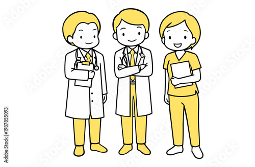 Yellow colored illustration of medical professionals smiling in uniforms