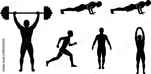 progressive fitness workout stages from weightlifting to stretching vector illustration