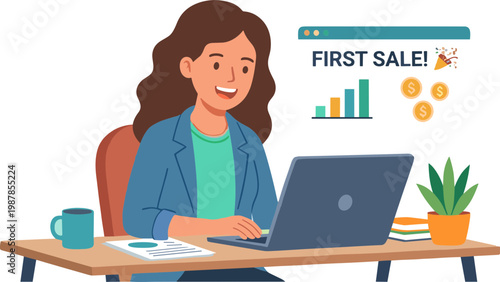 Woman sitting at desk with laptop celebrating first sale with graphs and coins