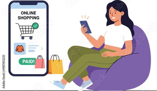 Woman sitting on a purple beanbag chair shopping online with her smartphone