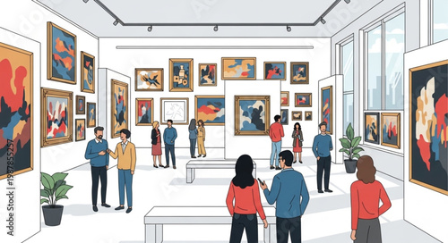 Art Gallery Exhibition with Visitors Viewing Paintings.