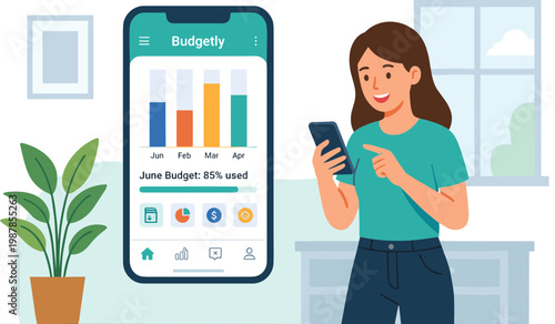 Woman views budget app on smartphone at home with plant nearby indoors