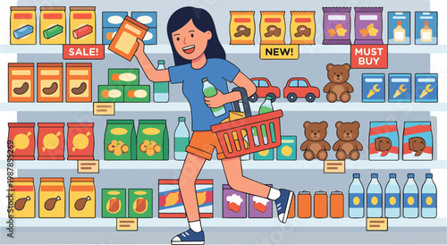 A girl excitedly shopping with a basket at a supermarket shelf filled with groceries and products.
