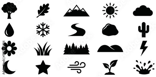 Nature silhouette icons set for design, natural elements in black and white