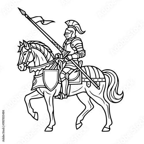 Medieval Knight in Full Armor Riding a Horse with Lance and Shield Line Art Illustration