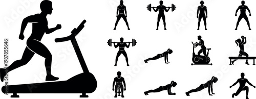 Dynamic flat design vector illustration featuring a man running on a treadmill alongside various fitness exercise poses. Ideal for health, wellness, workout, and lifestyle marketing, educational mater